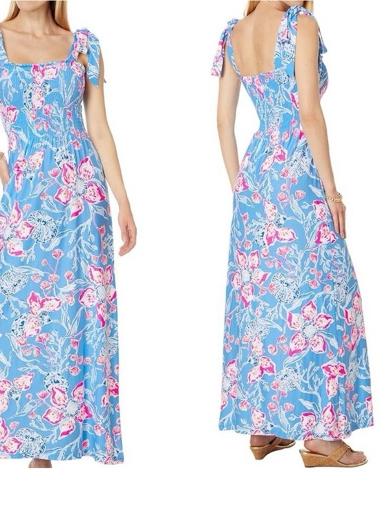 Lilly Pulitzer Dresses & Skirts - Lilly Pulitzer Blue Floral Maxi Dress with Pink Accents